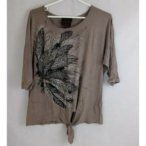 French Blue Women's Beaded T-Shirt With Feathers Design Size Medium